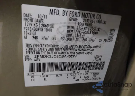 2012 Ford Edge Sel из США, поврежденный, VIN 2FMDK3JC9CBA40274